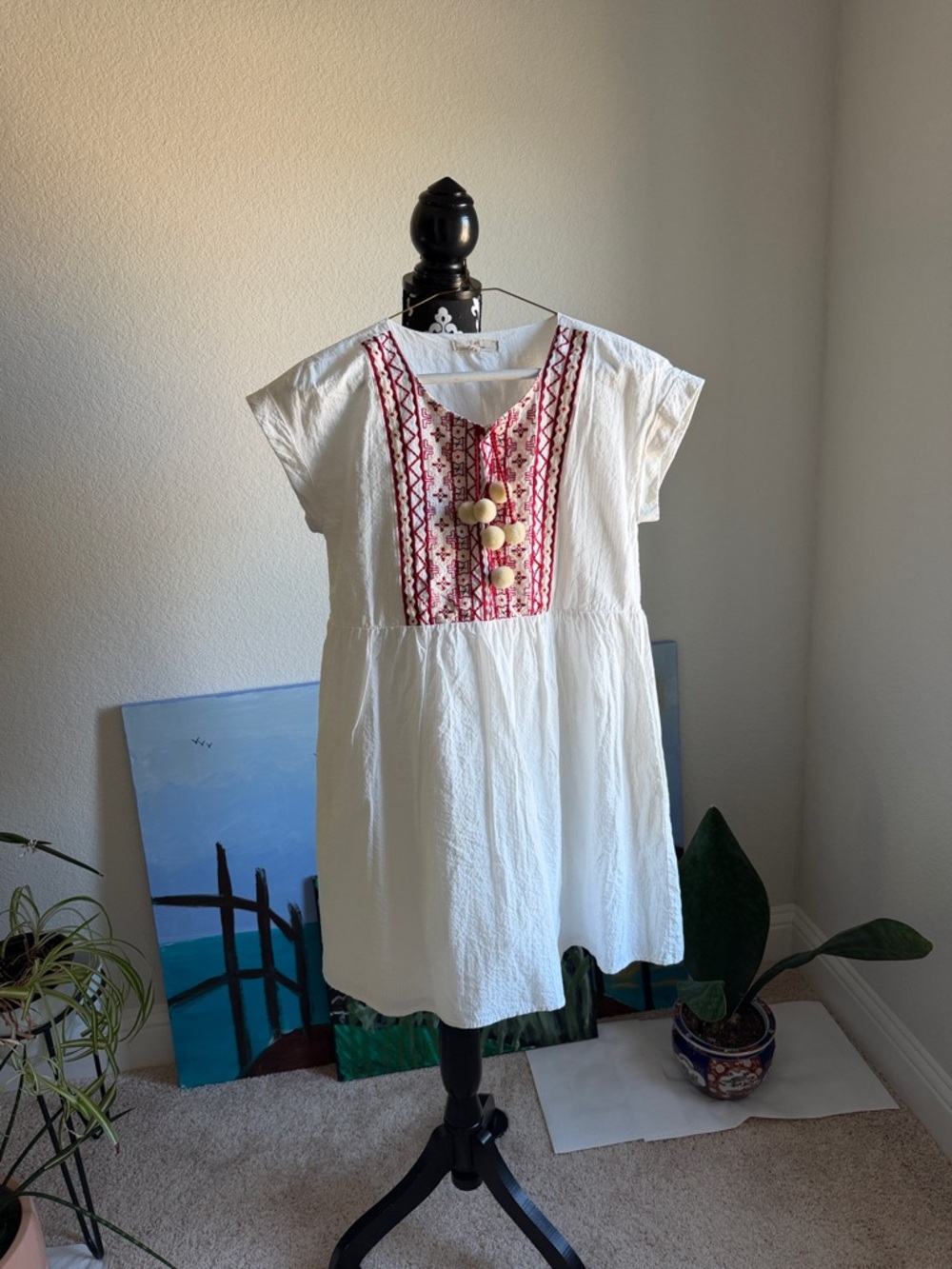 Chelsea & Violet White Cotton Mini Dress with Red Embroidered Yoke